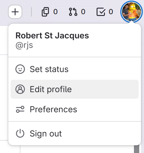 GitLab profile dropdown menu with Set status, Edit profile, Preferences, and Sign out