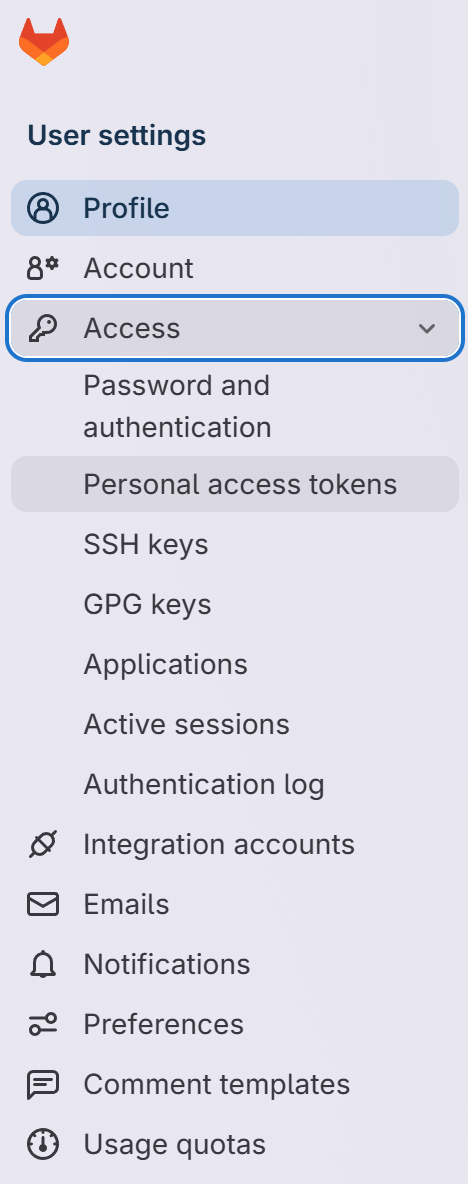 GitLab User Settings sidebar with Access expanded and Personal access tokens selected