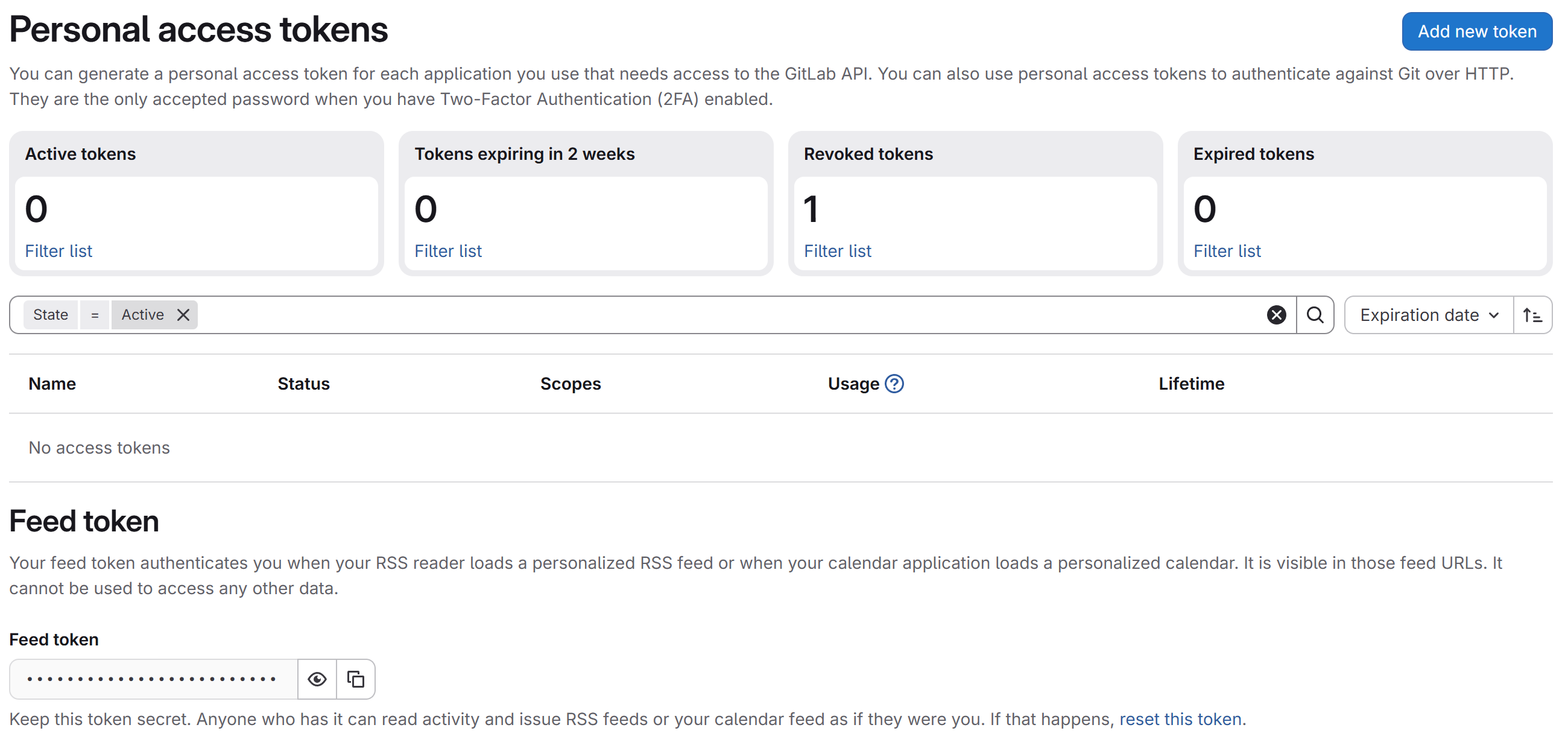 Personal access tokens page, empty, with an Add new token button