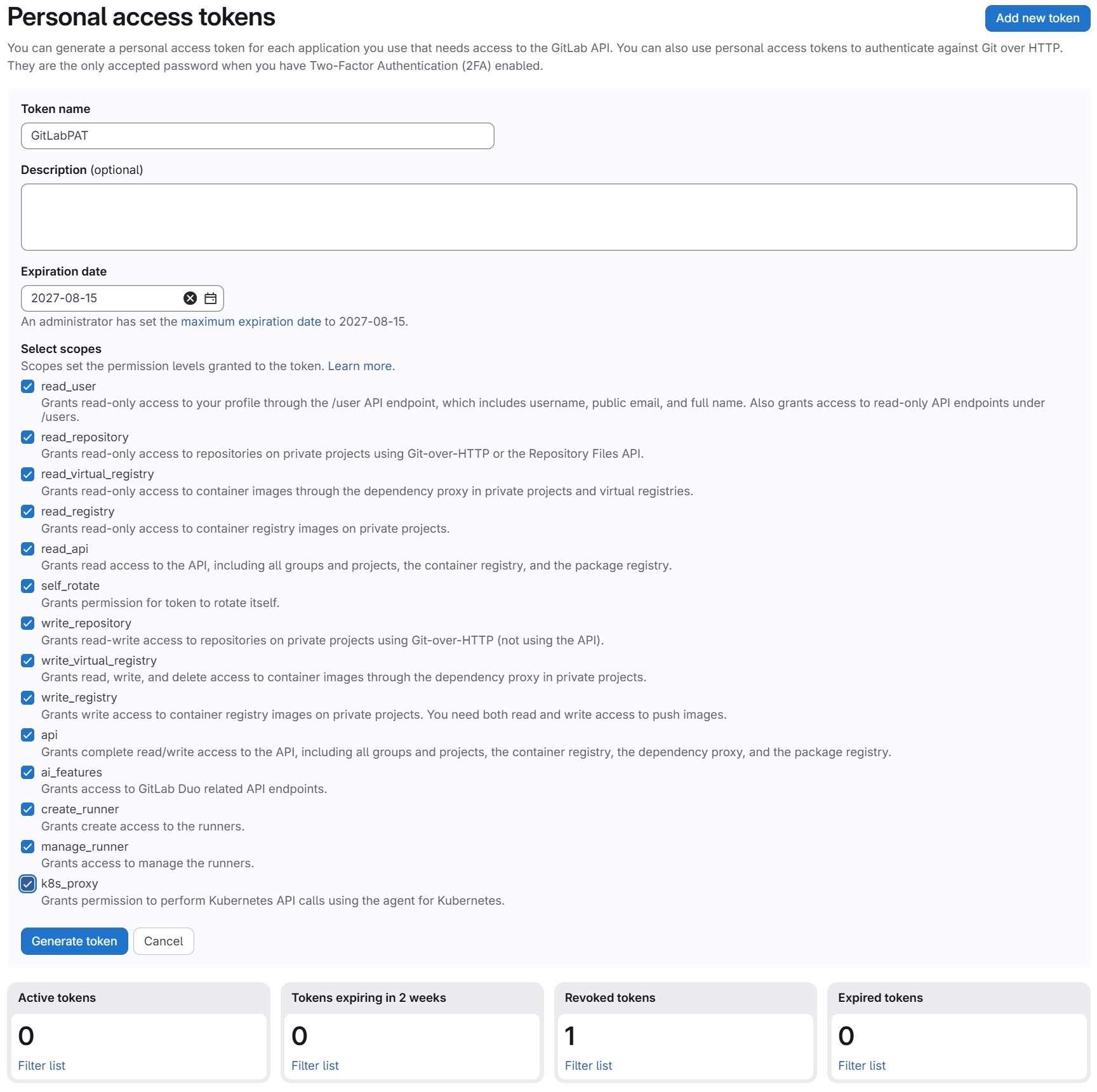 Add new token form with Token name, Description, Expiration date showing an admin-set maximum, and scope checkboxes to select
