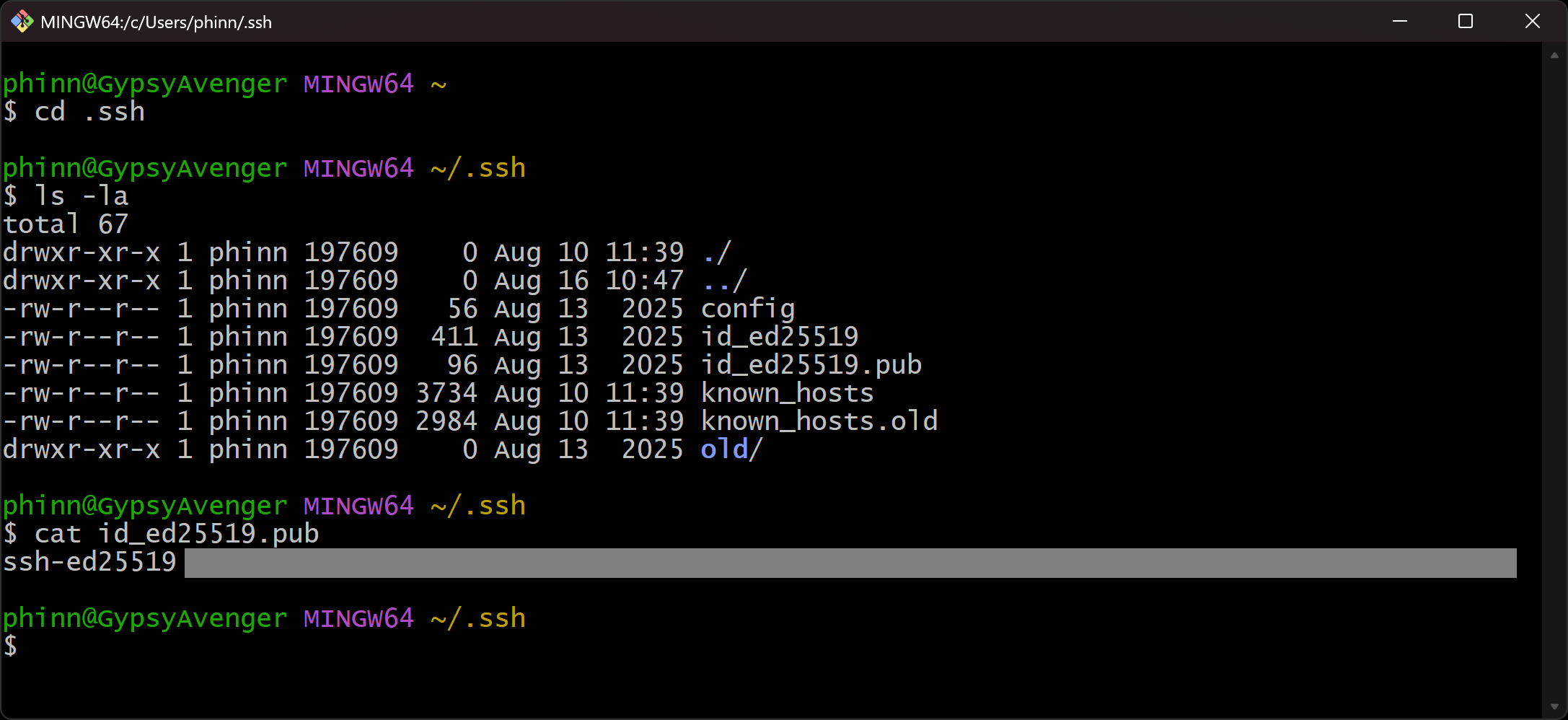 Git Bash terminal checking for an existing SSH key pair with ls -la, then displaying the public key with cat