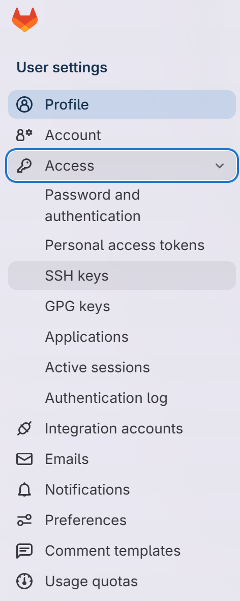 GitLab User Settings sidebar with Access expanded and SSH keys selected