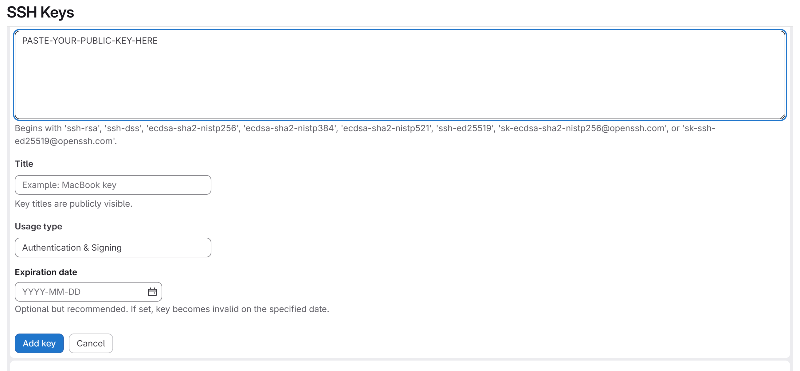 Add SSH key form with a textarea for the public key, Title field, Usage type, and optional Expiration date