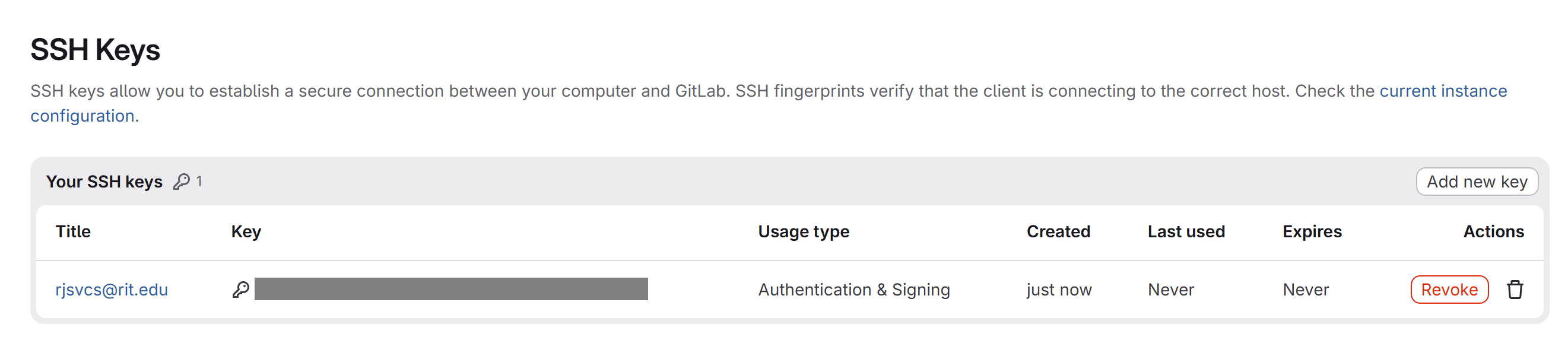 SSH Keys page showing one key added, with Expires set to Never