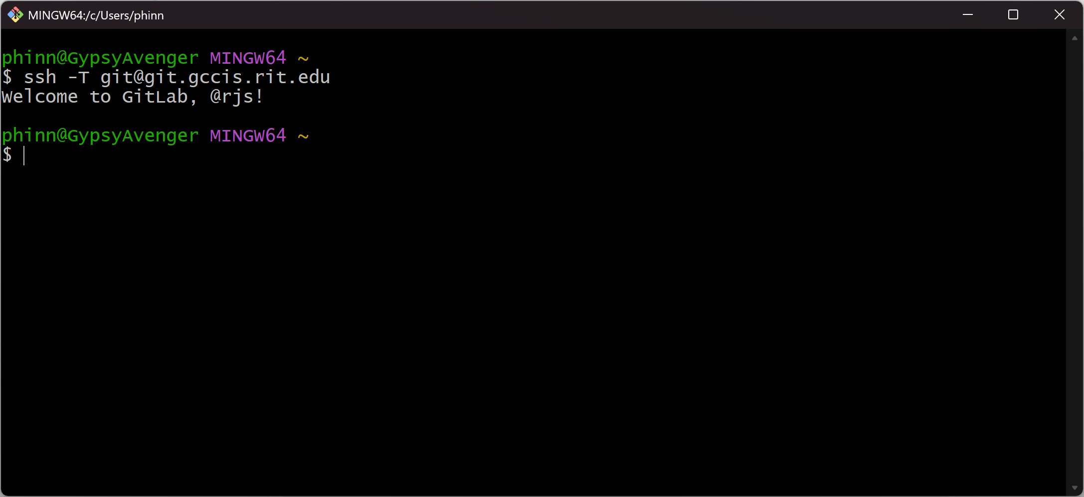 Git Bash terminal running ssh -T git@git.gccis.rit.edu and receiving a Welcome to GitLab message