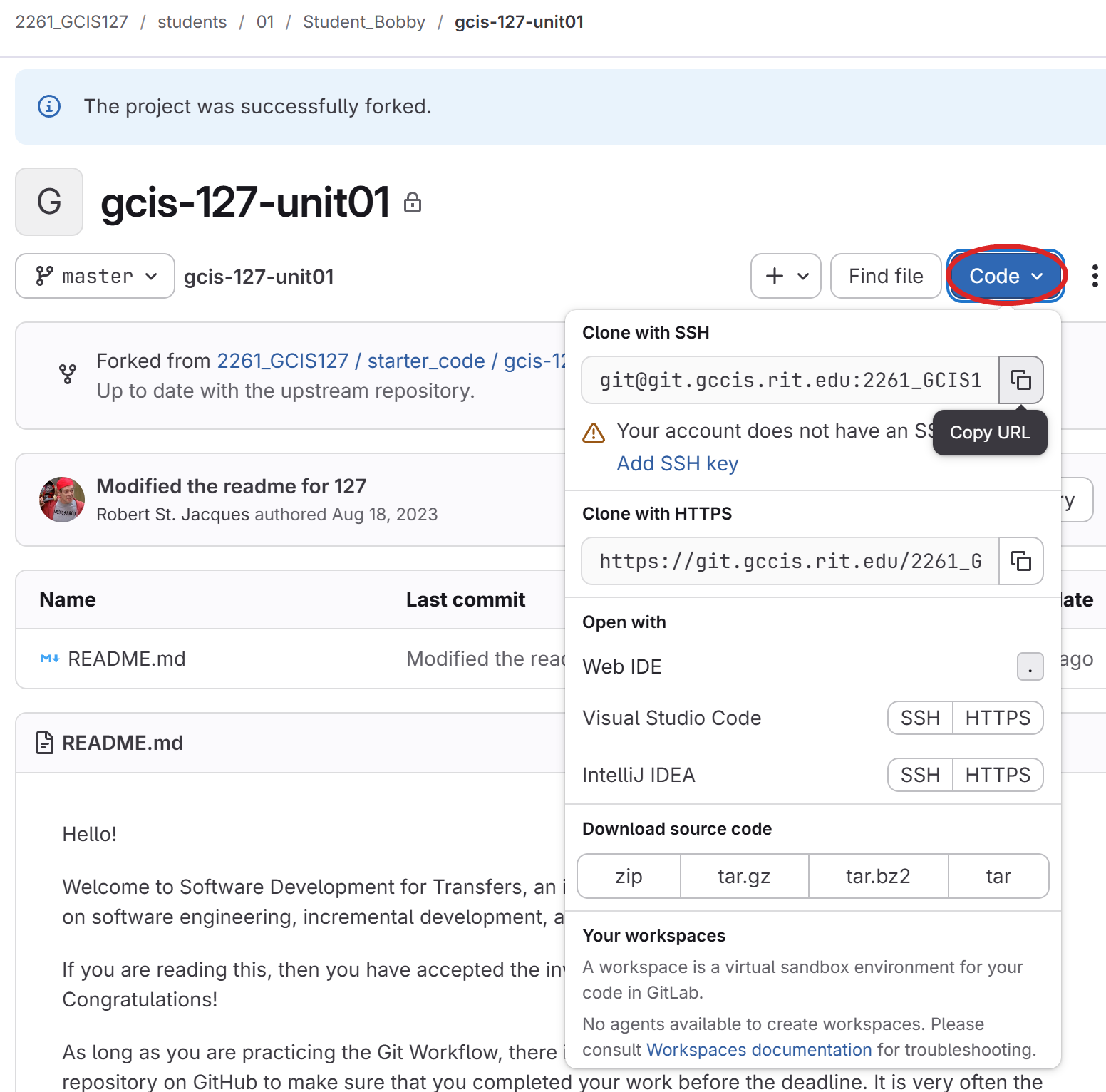 Forked repo page with the Code dropdown open, showing SSH and HTTPS clone URLs and a warning that no SSH key is set up