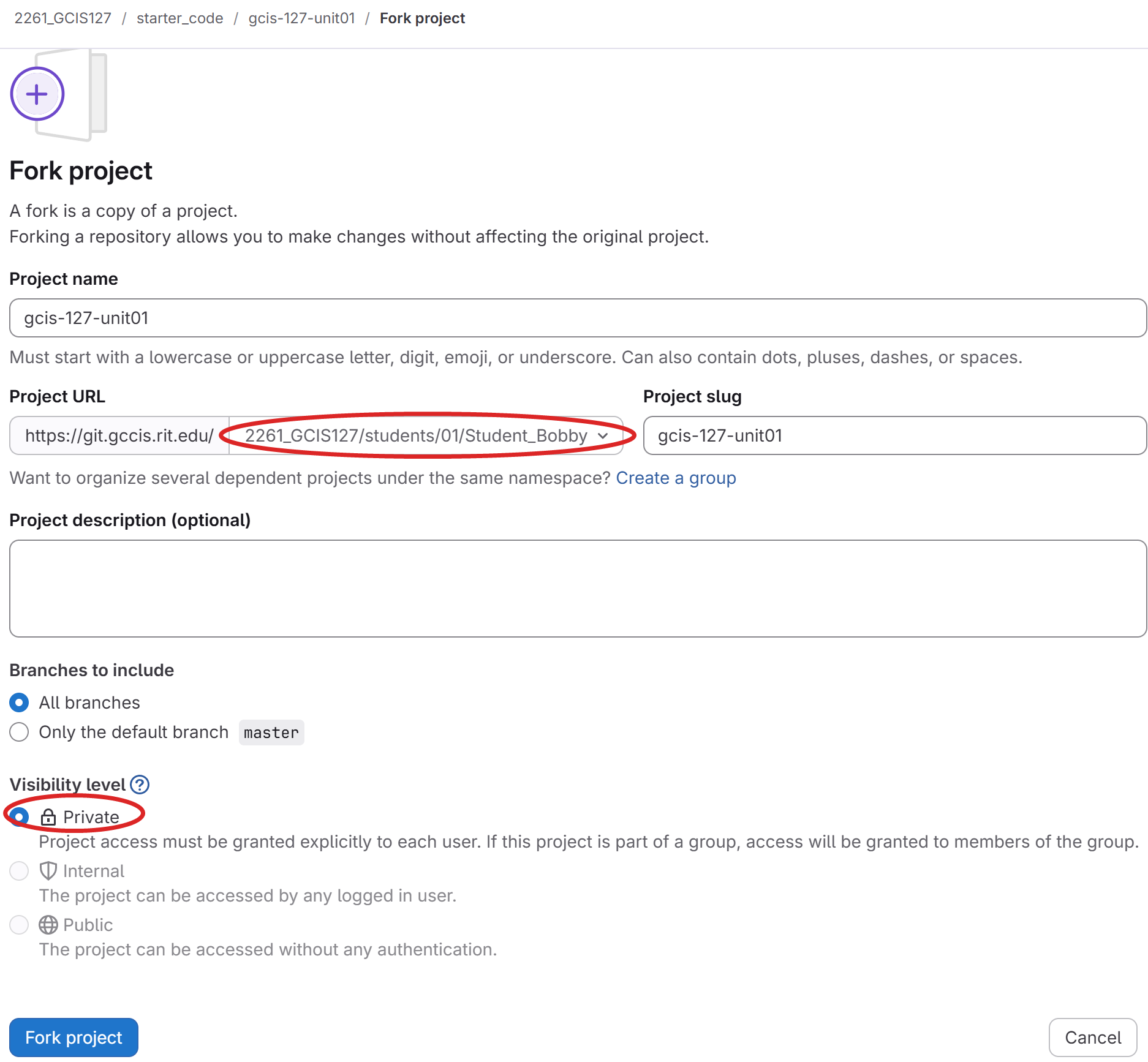 Completed Fork project form with the student's namespace selected and visibility locked to Private
