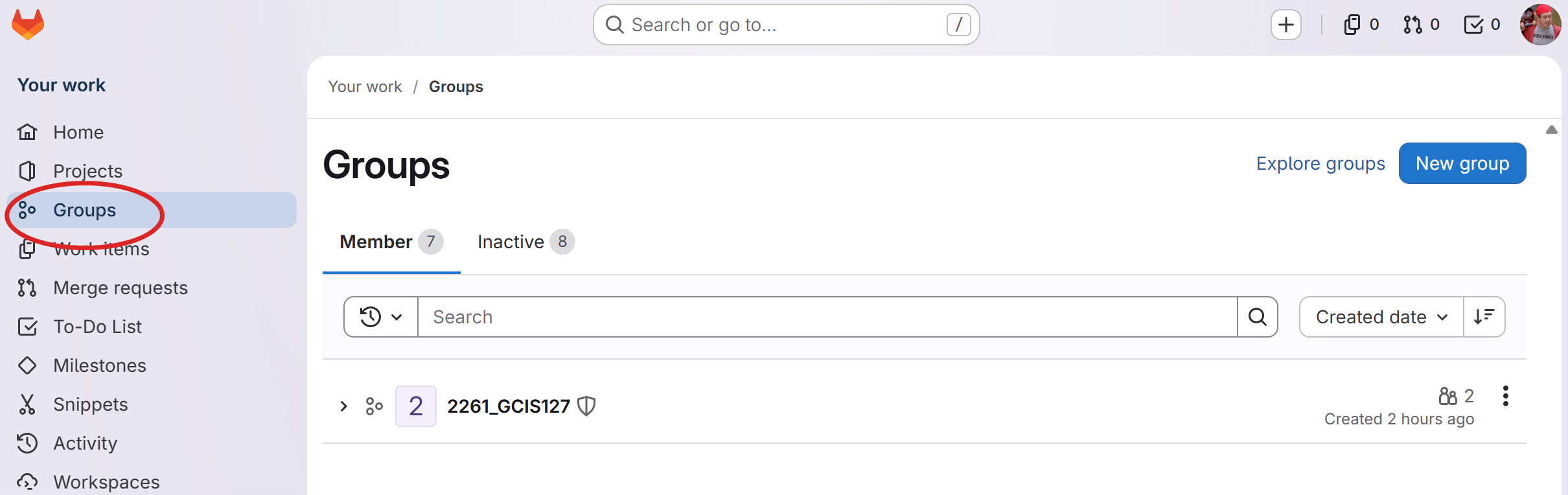 GitLab left sidebar with Groups highlighted, showing a list of the student's groups
