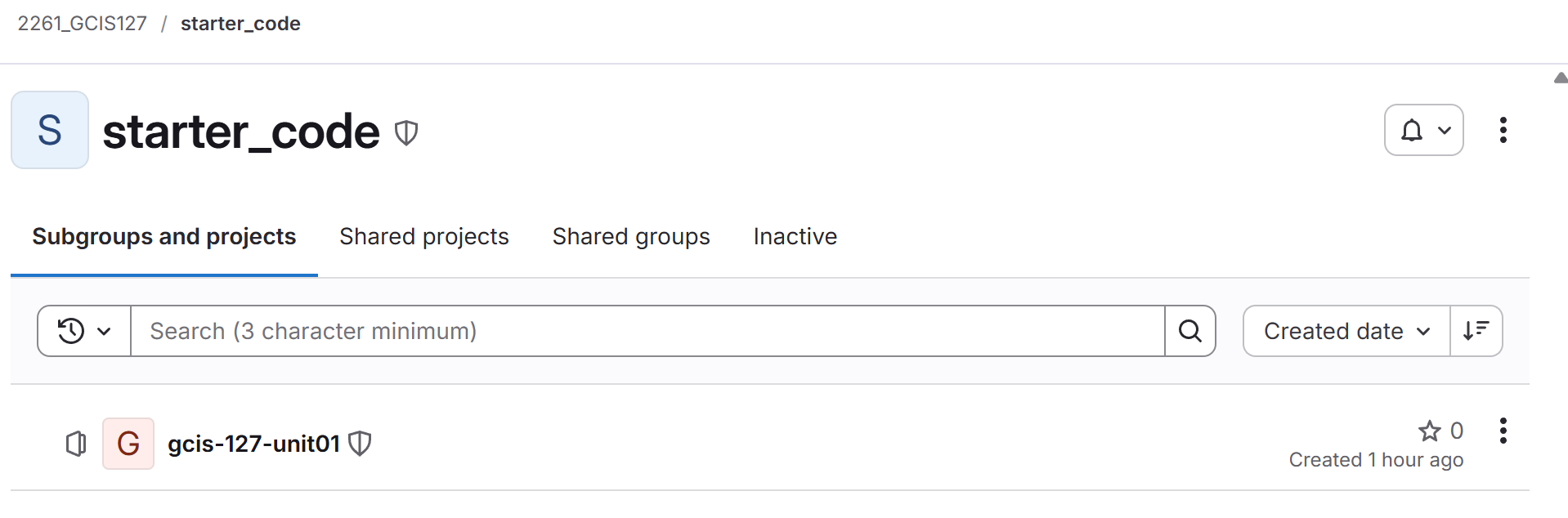 starter_code subgroup showing a list of unit and exam repos