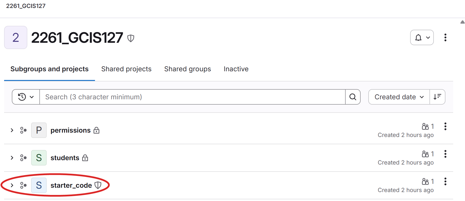 Course group page listing several subgroups, including starter_code