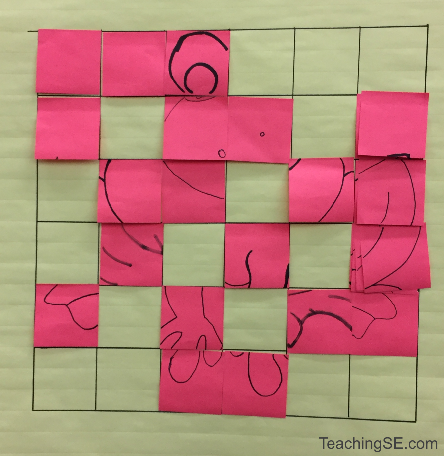 A 6x6 grid overlayed with some post-its, some of which include parts of a line drawing of a frog