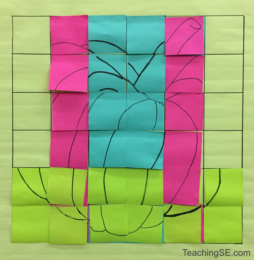 A 6x6 grid mostly overlayed with sections of colored post-its, a line drawing of a pumpkin