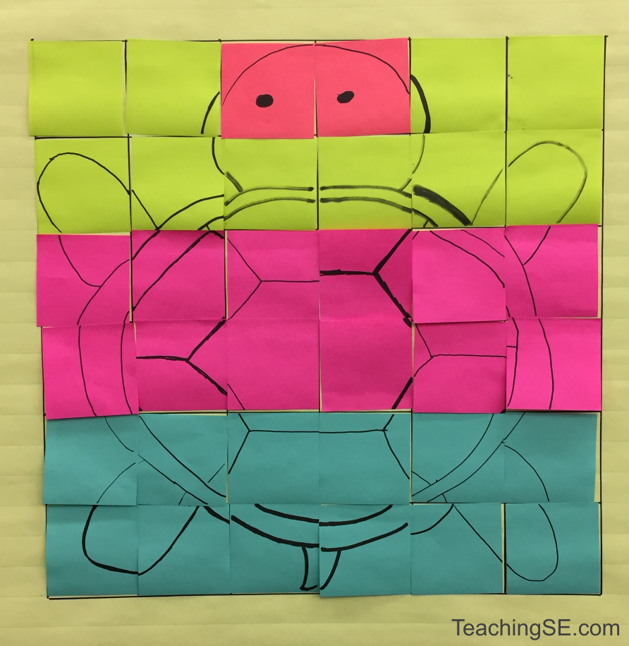 A 6x6 grid completely overlayed with post-its, a line drawing of a turtle.  The grid is evenly divided into 4 colored regions of pots-its