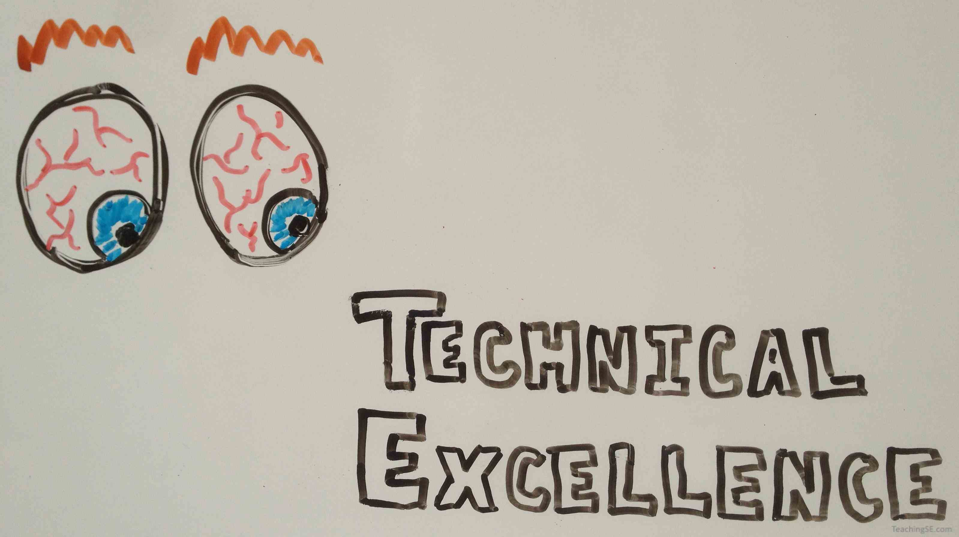 A whiteboard with a drawing of bloodshot eyes staring at the words 'Technical Excellence'