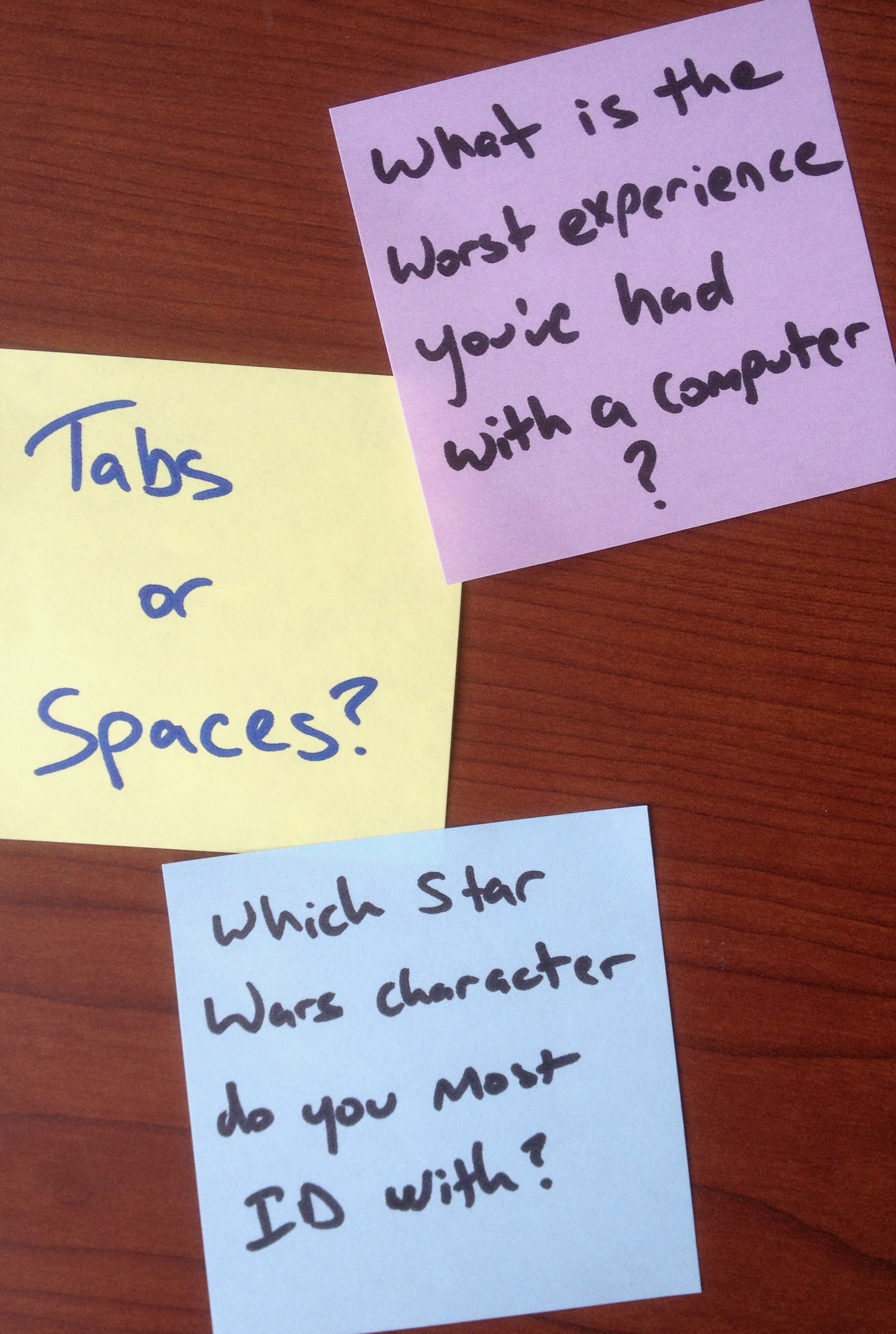 A desk with some Post-it Style Notes with Questions on Them