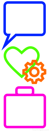 Speech bubble, heart and gear, and briefcase icons