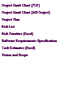 Text Box: Conference Paper
Design Document
Project Gantt Chart (PDF)
Project Gantt Chart (MS Project)
Project Plan
Risk List
Risk Priorities (Excel)
Software Requirements Specification
Task Estimates (Excel)
Test Plan
Vision and Scope
